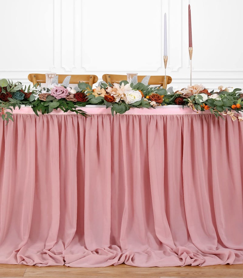 QueenDream 14FT Dusty Rose Chiffon Table Skirt Sheer Rectangle Tablecloth for Wedding 1st Baby Girl Birthday Party Bridal Shower Decoration - Image 2